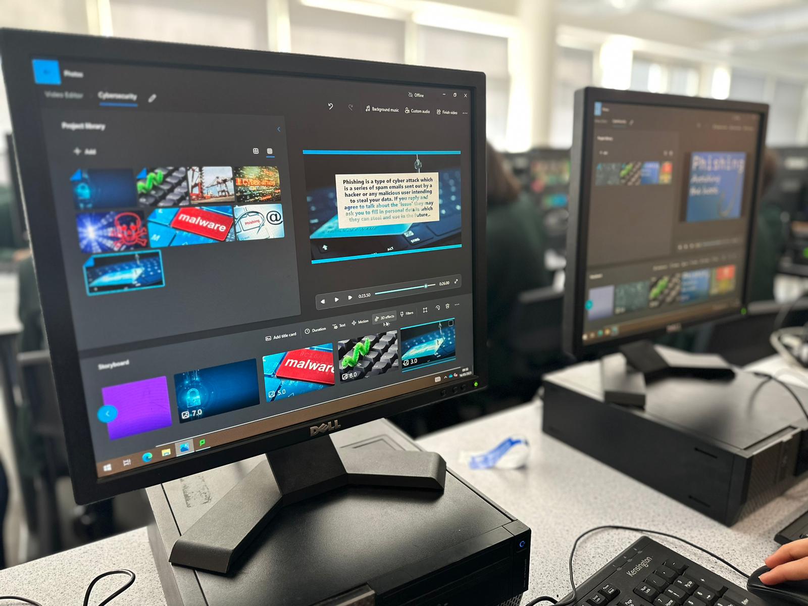 Y10 computing students developing skills in video editing on the topic of phishing and malware