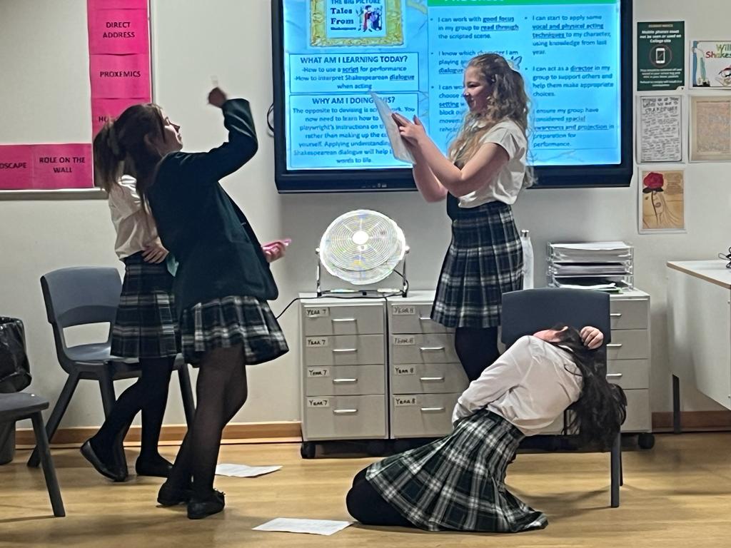 Y8 drama students acting out the tension between the Capulets and Montagues